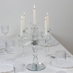 Crystal 5-Arm Candelabra Taper Candle Holder with Hanging Prisms & Round Mirror Base – Faceted Cut Glass Design - 14" Tall
